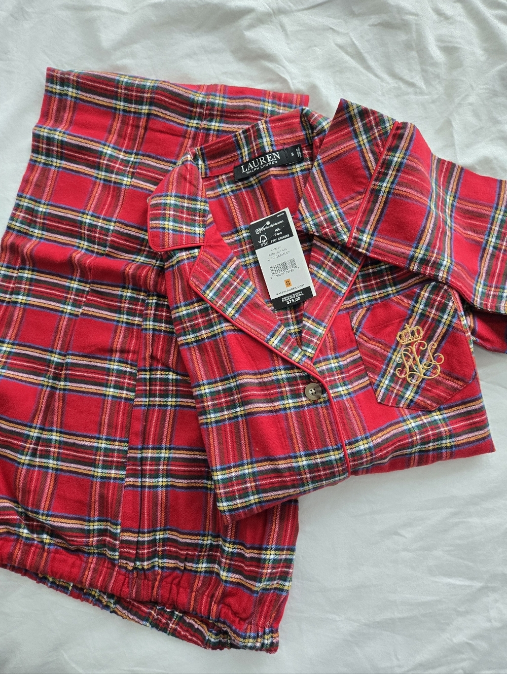 Ralph Lauren Red Plaid Women Pajama Set with Embroidered Pocket